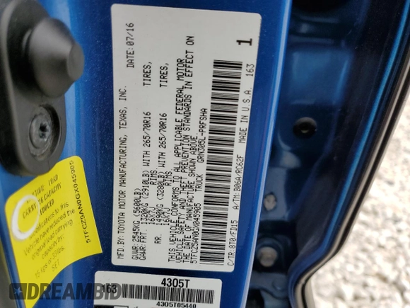 2016 Toyota Tacoma SR with VIN 5TFCZ5AN0GX045905, listed as a Copart auction lot 51798555 with 104,292 mi miles and Salvage Title. Bid and sale history available at DreamBid. Image 14.