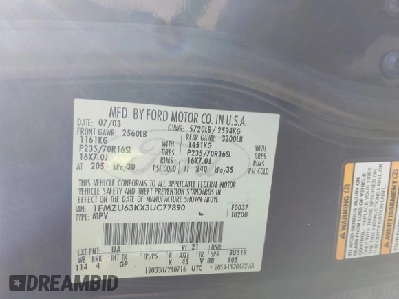 2003 Ford Explorer XLT z VIN 1FMZU63KX3UC77890, wystawiony jako IAAI lot #41718724 z przebiegiem 214 410 mil mil oraz . Historia ofert i sprzedaży dostępna na DreamBid. Obrazek 9.