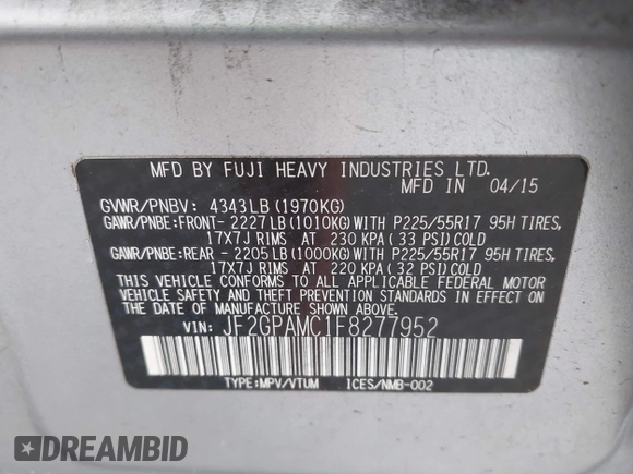 2015 Subaru Crosstrek Limited with VIN JF2GPAMC1F8277952, listed as a IAAI auction lot 42197747 with 125,129 mi miles and . Bid and sale history available at DreamBid. Image 9.