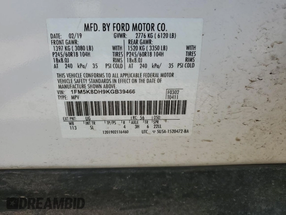 2019 Ford Explorer XLT с VIN 1FM5K8DH9KGB39466, выставлен на аукционе Copart как лот 57550685 с пробегом 105 121 миль миль и Списание • Salvage title. История ставок и продаж доступна на DreamBid. Изображение 13.