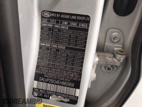 2014 Land Rover Range Rover Evoque Pure Plus with VIN SALVP2BG4EH860959, listed as a IAAI auction lot 42249173 with 111,283 mi miles and . Bid and sale history available at DreamBid. Image 9.