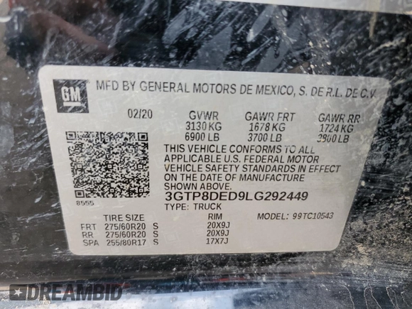 2020 GMC Sierra 1500 SLT with VIN 3GTP8DED9LG292449, listed as a Copart auction lot 55072415 with 134,040 mi miles and Salvage title. Bid and sale history available at DreamBid. Image 12.