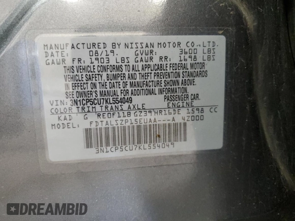 2019 Nissan Kicks SV with VIN 3N1CP5CU7KL554049, listed as a Copart auction lot 48328275 with 100,958 mi miles and Salvage Title. Bid and sale history available at carsss.com. Image 14.