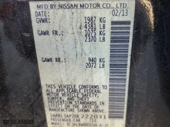 2013 Nissan Altima 3.5 SV with VIN 1N4BL3AP2DC222031, listed as a Copart auction lot 43256295 with 124,811 mi miles and Salvage Title. Bid and sale history available at carsss.com. Image 12.