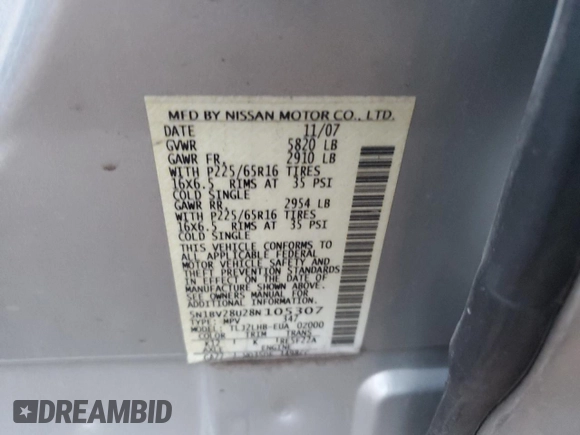 2008 Nissan Quest with VIN 5N1BV28U28N105307, listed as a Copart auction lot 82480584 with 106,232 mi miles and Clean Title. Bid and sale history available at carsss.com. Image 12.