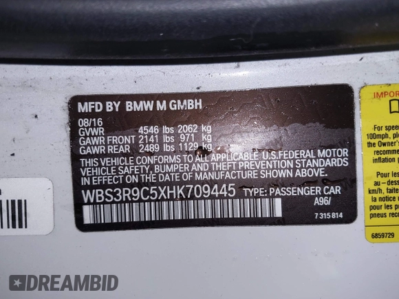 2017 BMW M4 with VIN WBS3R9C5XHK709445, listed as a IAAI auction lot 39303430 with 59,095 mi miles. Bid and sale history available at carsss.com. Image 18.