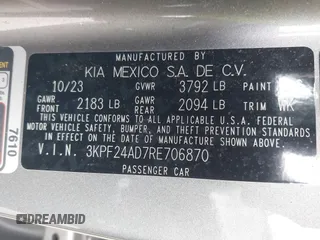 2024 Kia Forte LX with VIN 3KPF24AD7RE706870, listed as a IAAI auction lot 41815476 with 8,204 mi miles. Bid and sale history available at carsss.com. Image 9.