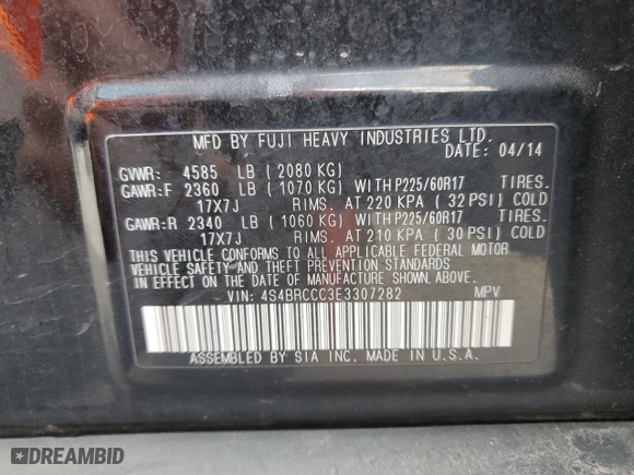2014 Subaru Outback 2.5i Premium with VIN 4S4BRCCC3E3307282, listed as a Copart auction lot 54063505 with 183,351 mi miles and Clean Title. Bid and sale history available at carsss.com. Image 13.