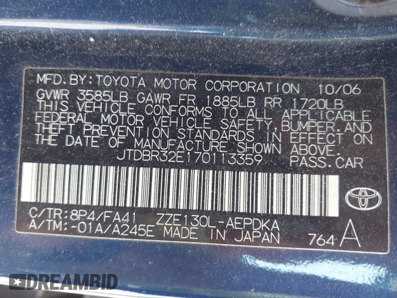 2007 Toyota Corolla CE with VIN JTDBR32E170113359, listed as a IAAI auction lot 42163082 with Not provided miles and . Bid and sale history available at DreamBid. Image 9.