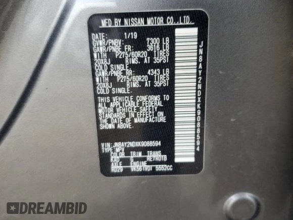 2019 Nissan Armada SL z VIN JN8AY2NDXK9088594, wystawiony jako Copart lot #59639735 z przebiegiem 127 938 mil mil oraz Szkoda całkowita • Salvage title. Historia ofert i sprzedaży dostępna na DreamBid. Obrazek 12.