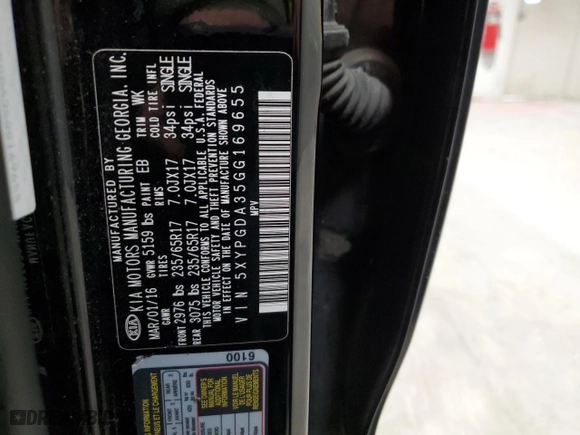 2016 Kia Sorento LX with VIN 5XYPGDA35GG169655, listed as a Copart auction lot 48391555 with 110,659 mi miles and Clean Title. Bid and sale history available at carsss.com. Image 13.