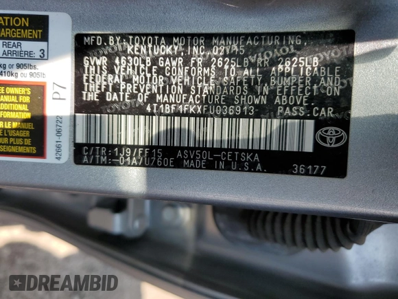 2015 Toyota Camry XLE с VIN 4T1BF1FKXFU036913, выставлен на аукционе Copart как лот 56698865 с пробегом 258 978 миль миль и Списание • Salvage title. История ставок и продаж доступна на DreamBid. Изображение 12.