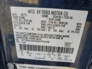 2013 Ford F-150 XL с VIN 1FTFW1EF0DKF72109, выставлен на аукционе Copart как лот 58156785 с пробегом 105 017 миль миль и Списание • Salvage title. История ставок и продаж доступна на DreamBid. Изображение 13.