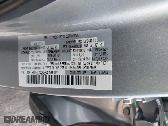 2020 Mazda CX-9 Grand Touring with VIN JM3TCBDY6L0424584, listed as a IAAI auction lot 42473920 with 32,385 mi miles and . Bid and sale history available at DreamBid. Image 9.