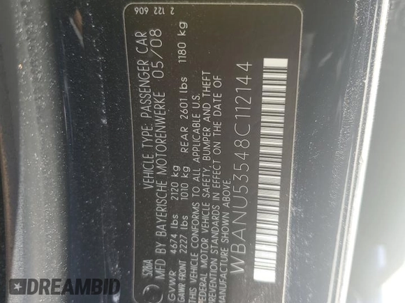 2008 BMW 5 Series 528i with VIN WBANU53548C112144, listed as a Copart auction lot 61643135 with 223,189 mi miles and Clean title. Bid and sale history available at DreamBid. Image 12.