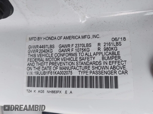 2019 Acura TLX w/A-Spec Pkg with VIN 19UUB1F61KA002075, listed as a IAAI auction lot 40991938 with 49,402 mi miles. Bid and sale history available at carsss.com. Image 9.