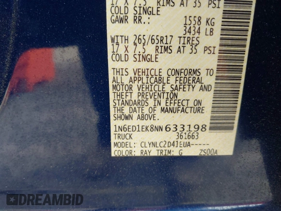 2022 Nissan Frontier SV with VIN 1N6ED1EK8NN633198, listed as a IAAI auction lot 42075607 with 99,512 mi miles and . Bid and sale history available at DreamBid. Image 9.