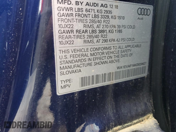 2019 Audi Q8 Premium Plus with VIN WA1EVAF16KD020627, listed as a Copart auction lot 59046315 with 43,305 mi miles and Salvage title. Bid and sale history available at DreamBid. Image 13.