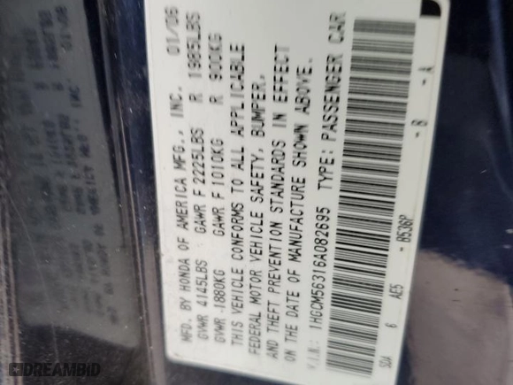 2006 Honda Accord Sdn LX SE with VIN 1HGCM56316A082695, listed as a Copart auction lot 45653905 with 154,250 mi miles and Salvage Title. Bid and sale history available at carsss.com. Image 12.