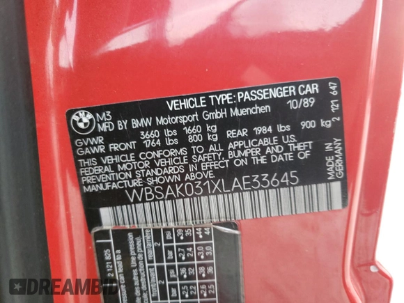 1990 BMW M3 z VIN WBSAK031XLAE33645, wystawiony jako Copart lot #69832174 z przebiegiem 174 343 mil mil oraz Szkody całkowita. Historia ofert i sprzedaży dostępna na DreamBid. Obrazek 12.