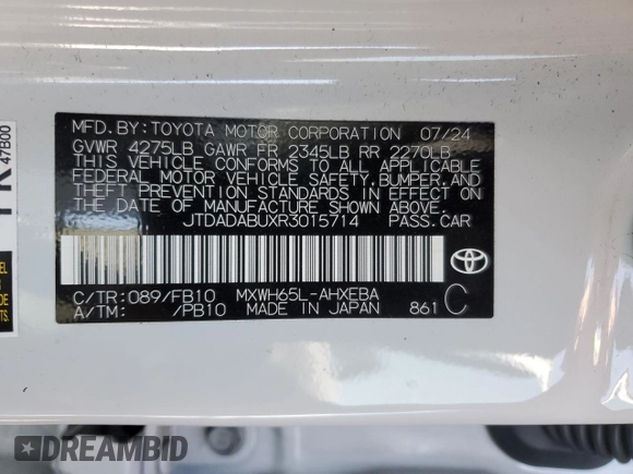 2024 Toyota Prius LE with VIN JTDADABUXR3015714, listed as a Copart auction lot 53824235 with 7,530 mi miles and Salvage title. Bid and sale history available at DreamBid. Image 12.