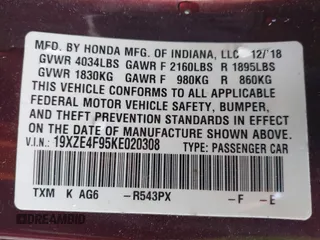 2019 Honda Insight Touring with VIN 19XZE4F95KE020308, listed as a IAAI auction lot 41814069 with 62,680 mi miles and . Bid and sale history available at carsss.com. Image 9.
