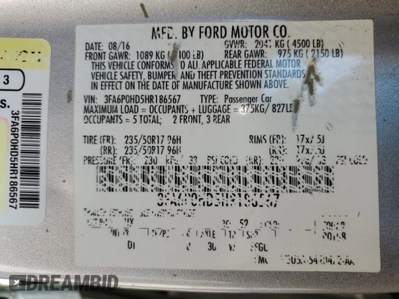 2017 Ford Fusion SE with VIN 3FA6P0HD5HR186567, listed as a Copart auction lot 50250495 with 61,053 mi miles and Salvage title. Bid and sale history available at DreamBid. Image 13.