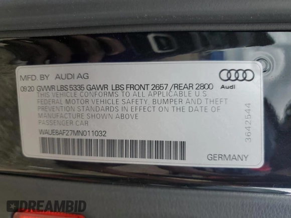 2021 Audi A6 Premium Plus with VIN WAUE8AF27MN011032, listed as a Copart auction lot 41499313 with 23,109 mi miles. Bid and sale history available at carsss.com. Image 12.