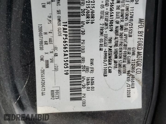 2005 Ford Taurus SEL z VIN 1FAFP56S65A150519, wystawiony jako Copart lot #54002315 z przebiegiem Nie podano mil oraz Szkoda całkowita • Salvage title. Historia ofert i sprzedaży dostępna na DreamBid. Obrazek 12.
