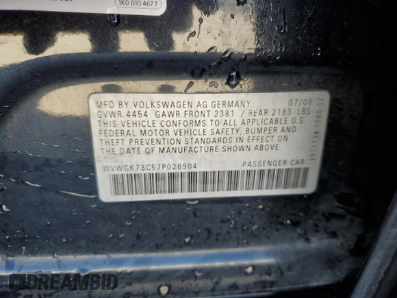 2007 Volkswagen Passat with VIN WVWGK73C57P028904, listed as a Copart auction lot 49480945 with 202,829 mi miles and Salvage title. Bid and sale history available at DreamBid. Image 12.