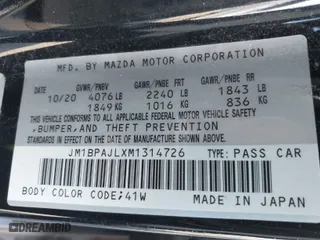 2021 Mazda Mazda3 Hatchback 2.5 S with VIN JM1BPAJLXM1314726, listed as a IAAI auction lot 41193185 with 43,546 mi miles. Bid and sale history available at carsss.com. Image 9.