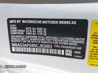 2022 BMW 4 Series 430i with VIN WBA53AP04NCJ83883, listed as a IAAI auction lot 40407741 with Not Provided miles and . Bid and sale history available at carsss.com. Image 9.