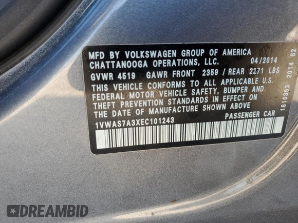 2014 Volkswagen Passat S with VIN 1VWAS7A3XEC101243, listed as a Copart auction lot 43399135 with 103,464 mi miles and Salvage Title. Bid and sale history available at carsss.com. Image 13.