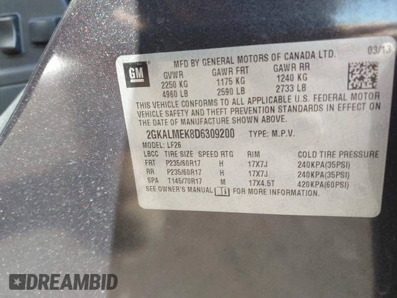 2013 GMC Terrain SLE with VIN 2GKALMEK8D6309200, listed as a IAAI auction lot 41852959 with 112,102 mi miles. Bid and sale history available at carsss.com. Image 9.