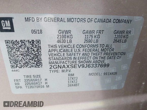 2018 Chevrolet Equinox LT with VIN 2GNAXSEV9J6337699, listed as a IAAI auction lot 41836428 with 101,487 mi miles. Bid and sale history available at carsss.com. Image 9.
