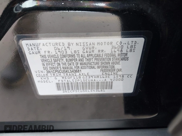 2019 Nissan Kicks SV with VIN 3N1CP5CU5KL543681, listed as a IAAI auction lot 42328297 with 35,736 mi miles and . Bid and sale history available at DreamBid. Image 9.