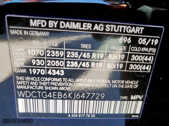 2019 Mercedes-Benz GLA with VIN WDCTG4EB6KJ647729, listed as a Copart auction lot 46885885 with 66,307 mi miles and Salvage Title. Bid and sale history available at carsss.com. Image 13.