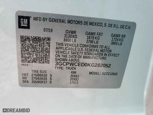 2019 Chevrolet Silverado 1500 LT with VIN 3GCPWCED0KG282052, listed as a Copart auction lot 48392005 with 106,567 mi miles and Salvage Title. Bid and sale history available at carsss.com. Image 13.
