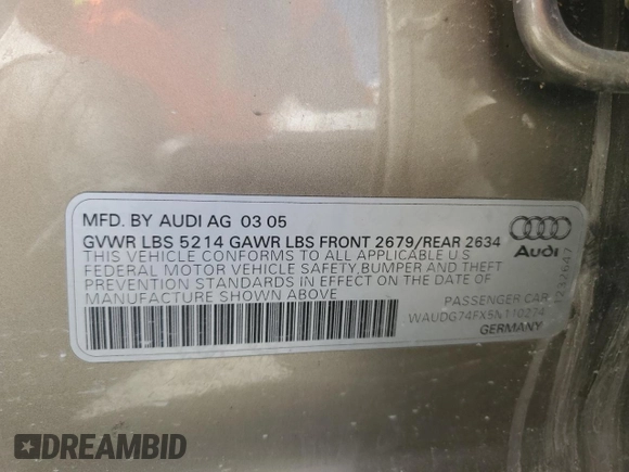 2005 Audi A6 with VIN WAUDG74FX5N110274, listed as a Copart auction lot 55457505 with 157,065 mi miles and Clean Title. Bid and sale history available at carsss.com. Image 12.