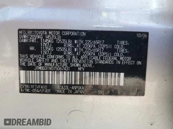 2007 Toyota RAV4 Limited z VIN JTMBD31V075067431, wystawiony jako Copart lot #56770595 z przebiegiem 137 073 mil mil oraz Szkoda całkowita • Salvage title. Historia ofert i sprzedaży dostępna na DreamBid. Obrazek 13.