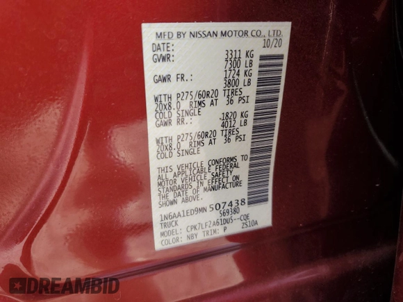 2021 Nissan Titan Pro-4X с VIN 1N6AA1ED9MN507438, выставлен на аукционе Copart как лот 50937215 с пробегом 52 374 миль миль и Списание • Salvage title. История ставок и продаж доступна на DreamBid. Изображение 13.