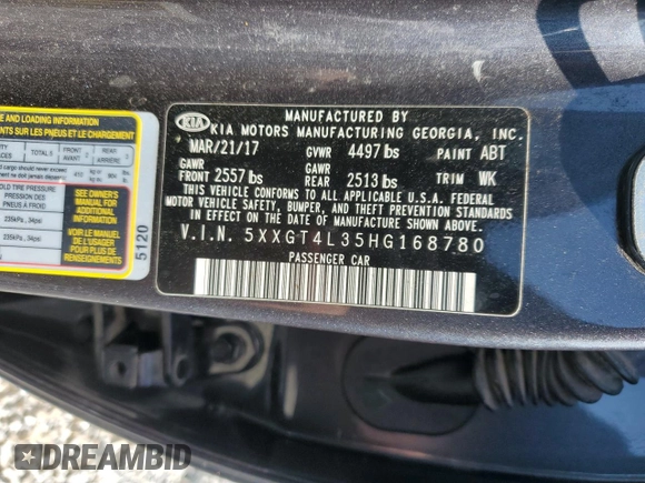 2017 Kia Optima LX with VIN 5XXGT4L35HG168780, listed as a Copart auction lot 54793455 with 193,528 mi miles and Clean Title. Bid and sale history available at carsss.com. Image 12.