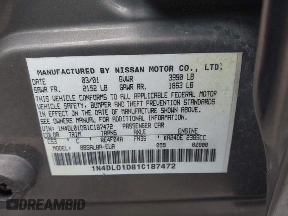 2001 Nissan Altima GXE with VIN 1N4DL01D81C187472, listed as a IAAI auction lot 41502436 with 195,203 mi miles. Bid and sale history available at carsss.com. Image 9.
