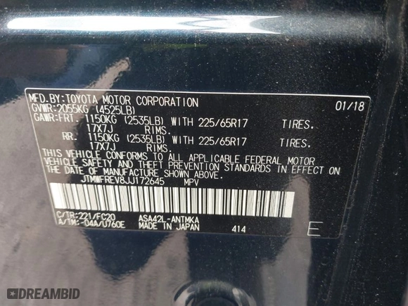 2018 Toyota RAV4 XLE with VIN JTMWFREV8JJ172645, listed as a IAAI auction lot 41734624 with 105,674 mi miles. Bid and sale history available at carsss.com. Image 7.