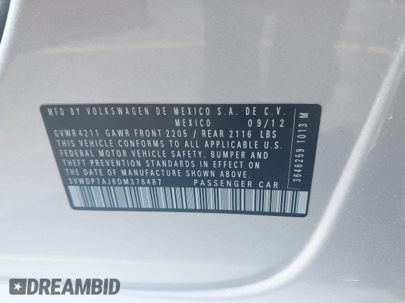 2013 Volkswagen Jetta SE с VIN 3VWDP7AJ6DM376487, выставлен на аукционе IAAI как лот 42362475 с пробегом 124 324 миль миль и . История ставок и продаж доступна на DreamBid. Изображение 9.