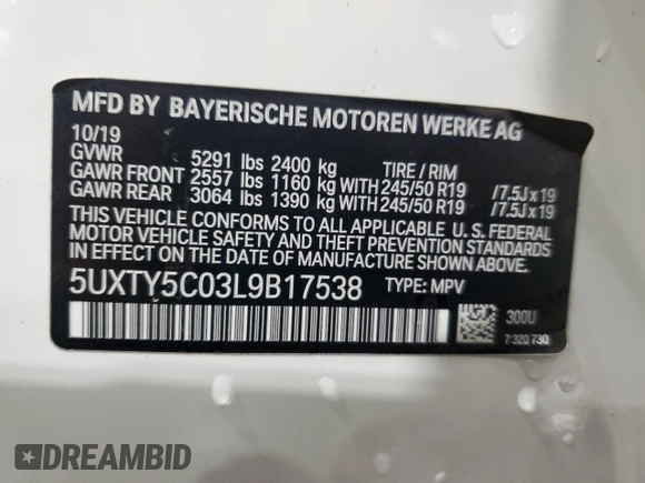 2020 BMW X3 xDrive30i with VIN 5UXTY5C03L9B17538, listed as a Copart auction lot 82562154 with 75,062 mi miles and Salvage Title. Bid and sale history available at DreamBid. Image 14.
