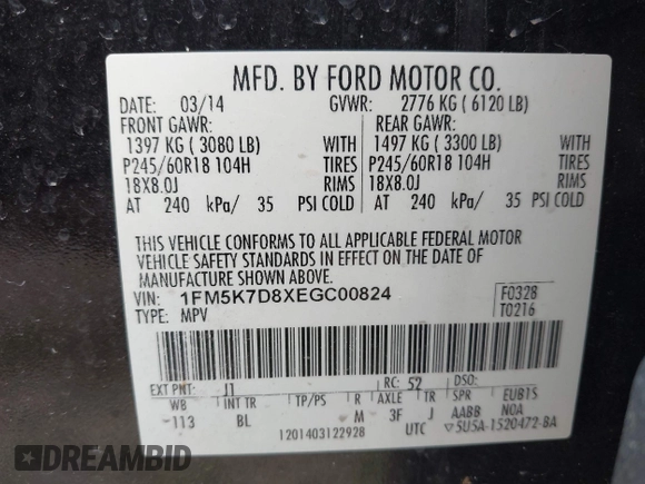 2014 Ford Explorer XLT with VIN 1FM5K7D8XEGC00824, listed as a IAAI auction lot 41990205 with 222,620 mi miles and . Bid and sale history available at DreamBid. Image 9.