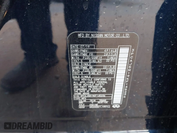 2019 Infiniti QX50 LUXE with VIN 3PCAJ5M19KF145236, listed as a IAAI auction lot 41783512 with 95,206 mi miles. Bid and sale history available at carsss.com. Image 9.
