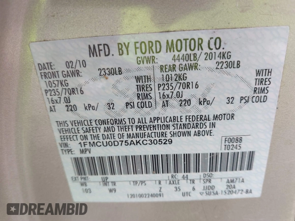 2010 Ford Escape XLT с VIN 1FMCU0D75AKC30529, выставлен на аукционе IAAI как лот 41618067 с пробегом 153 637 миль миль и . История ставок и продаж доступна на DreamBid. Изображение 9.