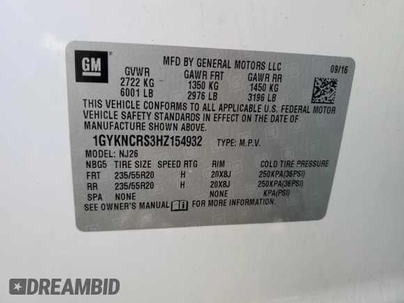 2017 Cadillac XT5 Premium Luxury FWD with VIN 1GYKNCRS3HZ154932, listed as a Copart auction lot 52018045 with 75,084 mi miles and Salvage Title. Bid and sale history available at DreamBid. Image 15.